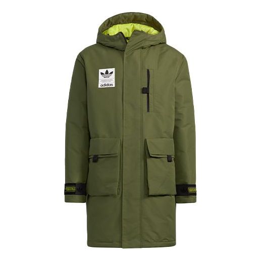 Men's adidas originals 2 In 1 Solid Color Long Hooded With Down Feather Dark Olive Green Jacket H58061