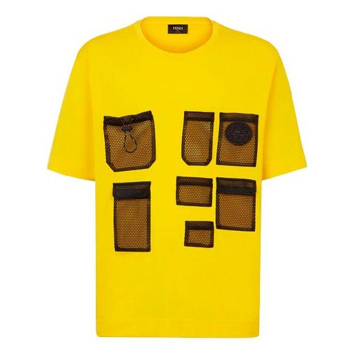 Men's FENDI FW21 Mesh Pocket Cotton Short Sleeve Yellow T-Shirt FY0936AGAIF1DO6