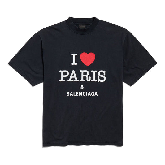 (WMNS) Balenciaga I Love Paris & Balenciaga T-shirt Medium Fit 'Black Faded' 764235TRVU91041