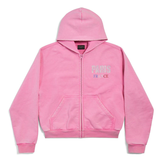 (WMNS) Balenciaga Paris Strass Full Zip Hoodie Small Fit 'Faded Pink' 811611TRVL49568